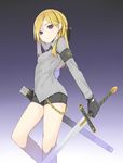  armband blonde_hair chain fhang gloves long_hair necktie original red_eyes ribbon sheath shirt short_shorts shorts solo sword weapon 