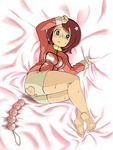  1girl anal_beads ass ass_juice barefoot eyebrows feet gaist_crusher hair_ornament heart heart-shaped_pupils looking_at_viewer lying on_side open_mouth refuto sakura_sango sheet_grab shiny_skin shorts solo sweat symbol-shaped_pupils torn_clothes 