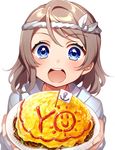  :d anchor_symbol bangs blue_eyes brown_hair character_name commentary_request duplicate eyebrows eyebrows_visible_through_hair flag food food_writing grey_hair hachimaki headband holding holding_plate incoming_food looking_at_viewer love_live! love_live!_sunshine!! mini_flag nejiri_hachimaki noodles omurice open_mouth paper_plate plate sakura_yuki_(clochette) short_hair simple_background smile solo swept_bangs upper_body watanabe_you white_background yakisoba 