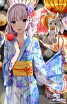  animal blush cat chu_(huaha1320) emilia_(re:zero) flower grey_hair hair_flower hair_ornament japanese_clothes kimono open_mouth puck_(re:zero) purple_eyes re:zero_kara_hajimeru_isekai_seikatsu ribbon 