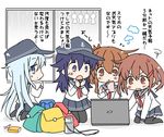  akatsuki_(kantai_collection) anchor_symbol bag black_legwear blue_eyes brown_eyes brown_hair cellphone commentary computer flat_cap hair_ornament hairclip hat hibiki_(kantai_collection) highres hizuki_yayoi ikazuchi_(kantai_collection) inazuma_(kantai_collection) kantai_collection laptop long_hair long_sleeves miniskirt multiple_girls open_mouth pantyhose phone pleated_skirt rain school_uniform serafuku short_hair silver_hair skirt smartphone teruterubouzu thighhighs translated window 