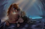  2012 black_feathers blue_eyes brown_hair cave detailed_background duo equine eyelashes eyes_closed fan_character feathered_wings feathers female feral grey_hair hair horn lying male mammal my_little_pony nude ruhje unicorn water wings 