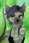  5_fingers anthro black_lips black_nose brown_eyes clothed clothing eyebrows eyelashes feline female fingers fur grey_fur hair lynx mammal purple_hair redcreator simple_background solo 