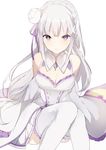  arms_at_sides bangs bare_shoulders blunt_bangs blush braid breasts check_commentary cleavage cleavage_cutout commentary_request crown_braid detached_sleeves dress emerald emilia_(re:zero) flower gem hair_flower hair_ornament long_hair long_sleeves lpip medium_breasts purple_eyes re:zero_kara_hajimeru_isekai_seikatsu sitting sleeveless sleeveless_dress solo thighhighs white_dress white_flower white_legwear wide_sleeves x_hair_ornament 