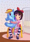  bow clothed clothing crib female friendship_is_magic hair human legwear looking_at_viewer mammal my_little_pony narikin_(artist) plushie rainbow_dash_(mlp) ribbons sitting smile socks solo young 
