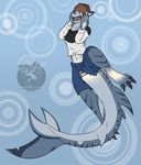  anthro arcticfrigidfrostfox claws clothing digitigrade fin fish human male mammal marine pants pointy_ears shark shirt snout solo tail_growth thick_tail tofubread transformation webbed_feet webbed_hands 