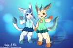  &lt;3 2016 anthro blush clothing cute eeveelution fur glaceon hand_holding jewelry leafeon necklace nintendo paws pok&eacute;mon senz shirt skirt smile standing tongue video_games waving 