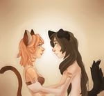  2013 5_fingers animal_humanoid blonde_hair bra breasts brown_eyes brown_hair canine cat cat_humanoid clothed clothing duo eye_contact feline female hair humanoid long_hair male mammal onone-chan red_eyes simple_background topless underwear wolf 