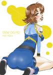  akimi_akatsuki_(female) ass azarashing_day bad_id bad_pixiv_id blush boots breasts brown_eyes brown_hair from_behind large_breasts looking_back open_mouth short_hair sitting solo super_robot_wars super_robot_wars_gc super_robot_wars_og_moon_dwellers wariza 