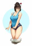  blush boots breasts brown_hair buruma dandon_fuga glasses hair_bun hair_ornament hair_stick knee_boots large_breasts looking_at_viewer mei_(overwatch) overwatch shirt_tug snow_boots solo tank_top thick_thighs thighs 