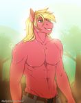  2016 anthro anthrofied arnachy big_macintosh_(mlp) blonde_hair clothed clothing earth_pony equine freckles friendship_is_magic green_eyes hair hi_res horse long_hair male mammal my_little_pony navel pony smile solo topless tree 