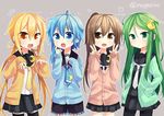  :d ahoge black_legwear blonde_hair blue_eyes blue_hair brown_eyes brown_hair cardigan commentary_request cowboy_shot crescent crescent_hair_ornament double_v fang frilled_shorts frills fumizuki_(kantai_collection) green_eyes green_hair grey_background hair_ornament hands_in_pockets heart kantai_collection long_hair long_sleeves low_twintails minazuki_(kantai_collection) multiple_girls nagasioo nagatsuki_(kantai_collection) necktie open_mouth pantyhose pleated_skirt ponytail remodel_(kantai_collection) sailor_collar satsuki_(kantai_collection) short_hair short_hair_with_long_locks shorts skirt smile thighhighs twintails twitter_username v white_neckwear yellow_eyes zettai_ryouiki 