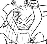  2015 3_fingers angry armpits arms_tied athletic big_ears big_eyes big_head black_and_white bound clenched_teeth clothed clothing cute digital_drawing_(artwork) digital_media_(artwork) eyebrows eyes_closed fluffy_ears forced hands_above_head inner_ear_fluff league_of_legends line_art mammal mohawk monochrome riot_games rumble scar sharp_teeth simple_background sitting slim snout teeth toony topless veigar veigar-chan video_games white_background yordle 