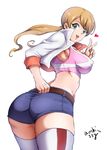  1girl ass belt blonde_hair blush breasts chestnut_mouth erect_nipples from_behind green_eyes gundam gundam_tekketsu_no_orphans heart huge_ass jacket lafter_frankland large_breasts leaning leaning_forward long_hair looking_at_viewer low_twintails open_mouth shiny shiny_hair shiny_skin short_shorts shorts sideboob smile solo striped striped_legwear thighhighs tongue twintails v 