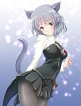  animal_ears blue_eyes cat_ears cat_tail highres looking_at_viewer machin military military_uniform necktie pantyhose pleated_skirt sanya_v_litvyak short_hair short_necktie silver_hair skirt smile solo star strike_witches tail uniform world_witches_series 
