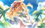  2016 aizawa_hikaru blonde_hair blue_eyes breasts cleavage cloud collarbone copyright_name day dress eyebrows eyebrows_visible_through_hair hair_between_eyes hands_on_headwear hat highres leaning_forward long_hair medium_breasts microsoft outdoors palm_tree ribbon shinia sky solo straw_hat sundress tree white_ribbon wind 