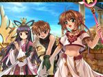  2girls arabian_clothes camcorder camera cardcaptor_sakura coin_(ornament) cosplay daidouji_tomoyo highres hoshi_no_tsue japanese_clothes kimono kinomoto_sakura li_xiaolang magical_girl midriff multiple_girls mutsuki_(moonknives) navel non-web_source parody sakura_hime sakura_hime_(cosplay) sword tomoyo_hime tomoyo_hime_(cosplay) tsubasa_chronicle weapon xiaolang xiaolang_(cosplay) 