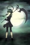  absurdres black_dress black_hair black_legwear black_rock_shooter bow curly_hair dead_master dress garuku green_eyes highres holding holding_scythe horns leggings long_hair looking_back moon scythe solo standing weapon 