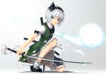  absurdres black_hairband blue_eyes bob_cut bobby_socks fighting_stance hairband hands highres konpaku_youmu konpaku_youmu_(ghost) mary_janes one_knee rokuwata_tomoe shoes short_hair silver_hair smile socks solo squatting sword touhou weapon white_hair 