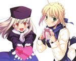  artoria_pendragon_(all) blue_scarf box fate/stay_night fate_(series) gift hat heart-shaped_box holding holding_gift illyasviel_von_einzbern multiple_girls purple_hat saber scarf takeuchi_takashi valentine wallpaper white_scarf 