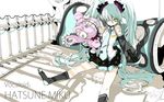  aqua_hair bandage_over_one_eye bandages detached_sleeves eyepatch green_eyes hatsune_miku highres long_hair necktie sitting skirt socks solo stuffed_animal stuffed_toy tsumi_to_batsu_(vocaloid) twintails very_long_hair vocaloid wallpaper yume_koreshiki 