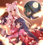  bad_id bad_pixiv_id bamboo black_hair bow fujiwara_no_mokou full_moon hair_bow hair_ribbon highres houraisan_kaguya long_hair moon multiple_girls nekosugi_(hoshi) purple_eyes red_eyes ribbon round_window silver_hair suspenders touhou very_long_hair window 