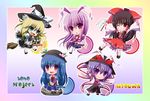  banned_artist blonde_hair chibi hakurei_reimu hat hinanawi_tenshi kirisame_marisa multiple_girls nagae_iku reisen_udongein_inaba touhou wallpaper yuuka_nonoko 