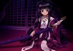  barefoot black_hair blush hair_ribbon highres holding holding_sword holding_weapon indoors japanese_clothes kimono kneeling long_hair looking_at_viewer magatama mutsuki_(moonknives) purple_eyes red_ribbon ribbon sheath sheathed smile solo sword tomoyo_hime tsubasa_chronicle very_long_hair weapon 