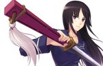  bangs black_hair blunt_bangs foreshortening ga-rei ga-rei_zero hands highres isayama_yomi katana long_hair purple_eyes school_uniform solo sword weapon zhenlin 