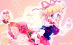  1girl amo ass blonde_hair bloomers bloomers_pull blue_eyes blush hair_ribbon hand_to_own_mouth hands medicine_melancholy open_mouth ribbon short_hair su-san touhou underwear wrist_cuffs 