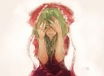  bow closed_eyes crying dress green_hair hair_bow hands_in_hair hands_on_own_face highres kagiyama_hina kouzuki_kei parted_lips red_bow red_dress signature simple_background solo tears touhou white_background 