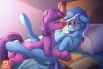  2016 bed blush book clothing colgate_(mlp) cutie_mark darkhazard duo equine eye_contact female feral friendship_is_magic hair half-closed_eyes hi_res hooves horn inside legwear lying mammal multicolored_hair multicolored_tail my_little_pony on_back on_bed patreon pillow purple_eyes smile twilight_sparkle_(mlp) two_tone_hair underhoof unicorn 