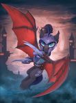  2016 animated armor bat_pony blue_eyes canterlot castle cutie_mark detailed_background equine fan_character feral flying friendship_is_magic fur grey_fur helmet hi_res looking_at_viewer male mammal membranous_wings my_little_pony no_sound royal_guard_(mlp) sky slit_pupils solo theshadowscale wings yakovlev-vad 