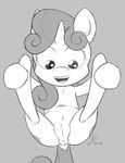  &lt;3 2016 anus cub equine female feral friendship_is_magic fur hair hi_res hooves horn horse lying mammal my_little_pony on_back open_mouth presenting pussy pussy_juice simple_background smile solo spread_legs spreading sweetie_belle_(mlp) tongue unicorn vsdrawfag young 