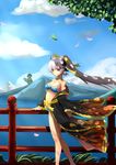  absurdres bare_legs bare_shoulders bikini blue_bikini bow breasts cleavage cloud cloudy_sky collarbone day fate/grand_order fate_(series) frilled_bikini frills front-tie_bikini front-tie_top hair_bow hair_over_eyes hand_on_railing highres horns japanese_clothes kimono kiyohime_(fate/grand_order) kiyohime_(swimsuit_lancer)_(fate) leaf long_hair looking_at_viewer medium_breasts open_clothes open_kimono orange_eyes outdoors ponytail qi_meng_yi sky smile solo stomach swimsuit tree very_long_hair white_hair yellow_bow 