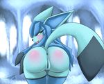  2016 anus big_butt blue_fur blue_hair butt clothing eeveelution female fur glaceon hair latiar legwear looking_at_viewer looking_back mostly_nude nintendo pok&eacute;mon presenting presenting_hindquarters raised_tail rear_view solo tongue tongue_out video_games 