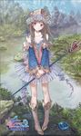  atelier_(series) atelier_totori bare_shoulders blue_sleeves boots brown_eyes brown_hair crown detached_sleeves flat_chest forest frills full_body gem highres kishida_mel knee_boots lake legs long_hair miniskirt nature official_art pink_footwear pleated_skirt skirt smile solo staff standing totooria_helmold wide_sleeves 