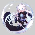  belt blue_eyes blush boots bubble cape chain chibi diamond_(shape) dungeon_and_fighter floating full_body fur_trim gem glacial_master grey_background hair_between_eyes hands_on_own_cheeks hands_on_own_face highres in_bubble long_hair male_mage_(dungeon_and_fighter) md5_mismatch nose_blush open_mouth pointy_ears signature simple_background snowflakes solo sveid very_long_hair white_hair 