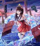  black_hair black_tortoise blue_eyes detached_sleeves eyebrows eyebrows_visible_through_hair flower hair_flower hair_ornament hakama hakama_skirt japanese_clothes long_hair natsumoka off_shoulder outdoors pink_flower red_hakama soccer_spirits solo swimsuit thighhighs water white_legwear 