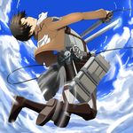  black_hair blue_eyes brown_jacket dual_wielding emblem highres holding holding_sword holding_weapon jacket levi_(shingeki_no_kyojin) looking_at_viewer male_focus military military_uniform paradis_military_uniform rumia_(compacthuman) shingeki_no_kyojin solo survey_corps survey_corps_(emblem) sword three-dimensional_maneuver_gear uniform weapon 