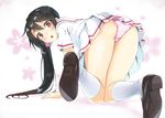  all_fours ass bad_id bad_pixiv_id black_hair blush commentary_request dress from_behind kneehighs knees_together_feet_apart loafers long_hair looking_at_viewer looking_back open_mouth original panties pantyshot pink_panties pleated_skirt red_eyes sailor_dress school_uniform scrunchie serafuku setsuna_(miraichizu) shoe_soles shoes short_sleeves side_ponytail skirt solo underwear very_long_hair white_legwear white_skirt zero_(miraichizu) 