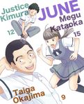  2boys ansatsu_kyoushitsu birthday black_hair blush english grey_hair hand_behind_head kankichi kataoka_megu kimura_masayoshi long_hair multiple_boys okajima_taiga ponytail school_uniform short_hair sitting skirt sweatdrop 