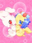  &lt;3 blue_eyes blush bubble canine cheerful cuddling cute dog embrace flower jewelpet lagomorph looking_at_viewer mammal plant rabbit red_eyes ruby_(jewelpet) sapphire_(jewelpet) shy smile unknown_artist 