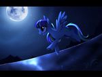  2014 black_bars blue_eyes blue_hair equine eyelashes fan_character female feral flying hair hooves mammal moon my_little_pony night nude open_mouth outside pegasus ruhje sky solo water wings 