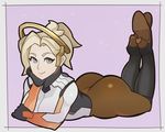  arm_support ass blonde_hair blue_eyes halo high_heels legs_up looking_at_viewer lying mechanical_halo mercy_(overwatch) on_stomach overwatch pantyhose short_hair smile solo splashbrush the_pose 