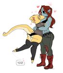  &lt;3 alphys anthro blush bottomless breasts butt cleavage clothed clothing duo english_text eye_patch eyes_closed eyewear female female/female fish hair humanoid jeans kissing lizard mammal marine nicoleships pants red_hair reptile scalie simple_background smile standing tamyra text thick_thighs undertale undyne video_games white_background wide_hips 