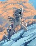 blue_eyes detailed_background equine eyelashes fan_character feathered_wings feathers female feral flying fur hair hooves mammal my_little_pony nude pegasus ruhje smile solo white_fur white_hair wings 