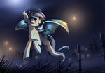  amber_eyes bat_pony blue_fur blue_hair cutie_mark detailed_background eyelashes fan_character female fence flying fur grass hair hooves membranous_wings my_little_pony night nude open_mouth outside ruhje smile solo wings 