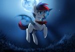  bat_pony blue_eyes cutie_mark eyelashes fan_character female feral flying gradient_hair grass hair hooves membranous_wings moon my_little_pony night nude open_mouth outside red_hair ruhje sky solo teeth wings 