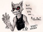  2016 angry anthro bandage cast claws clothed clothing english_text fangs front_view fur guardians_of_the_galaxy hi_res looking_at_viewer male mammal marvel metalsmile pose raccoon red_eyes rocket_raccoon sharp_teeth simple_background sleeveless snarling solo standing teeth text traditional_media_(artwork) white_background 